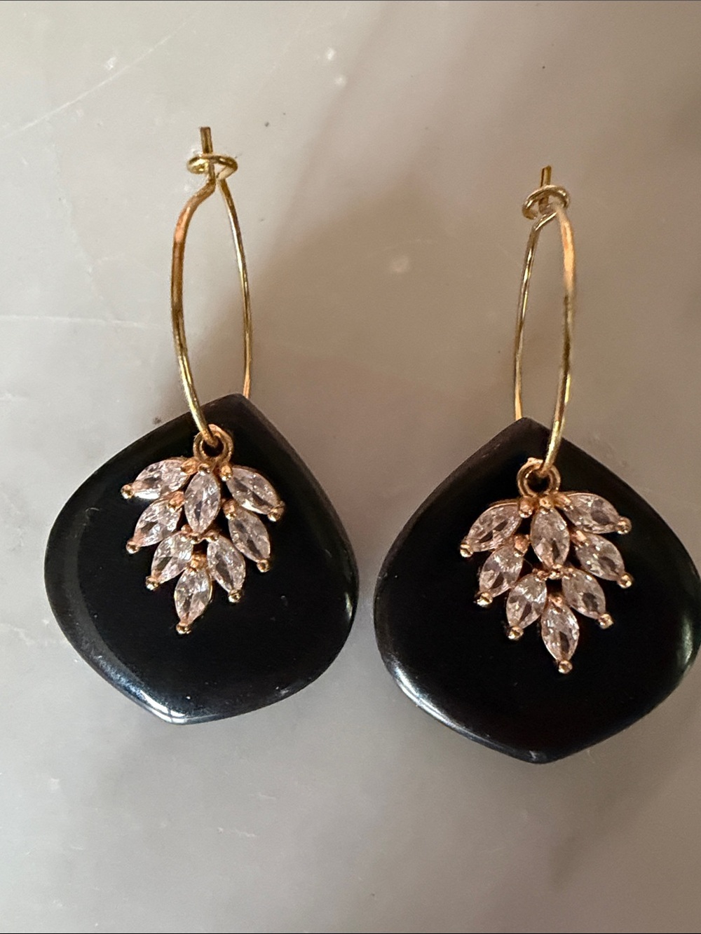 Handmade Gold Hoop Earrings with Black Clay Drops and Crystal Leaf Accents